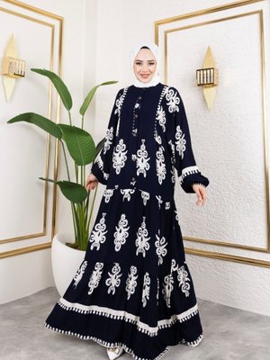 Lacivert Önü Düğmeli Hakim Yaka Ve Büyük Battal Beden Balon Kol Dokuma Viskon Elbise Lacivert Önü Düğmeli Hakim Yaka Ve Büyük Battal Beden Balon Kol Dokuma Viskon Elbise