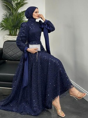 Hilly Kolları Fiyonk Saten Abiye Elbise Lacivert Hilly Kolları Fiyonk Saten Abiye Elbise Lacivert
