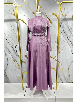 Lila Belfin Krep Saten Abiye Elbise