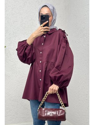Bordo Dantel Detaylı Balon Kol Tunik