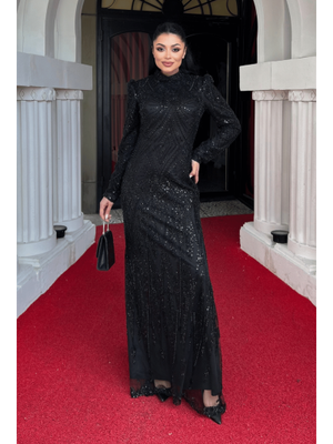 Siyah Full Boncuk Kumaş Tasarım Abiye Elbise