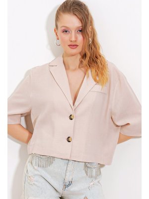 Krem Çift Düğmeli Oversize Crop Keten Ceket Krem Çift Düğmeli Oversize Crop Keten Ceket