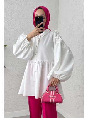 Beyaz Dantel Detaylı Balon Kol Tunik