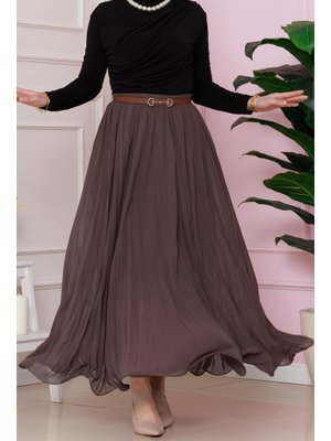 Koyu Vizon Piliseli Şifon Etek Koyu Vizon Piliseli Şifon Etek