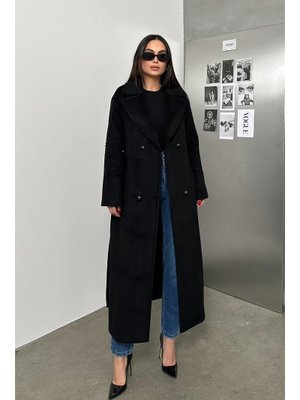 Siyah Kolları Nakış Detaylı Oversize Kaban