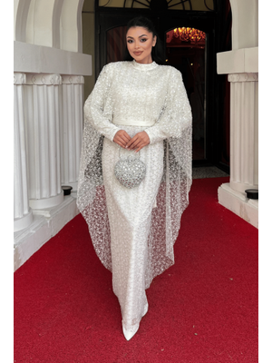 Beyaz Full Boncuk Kumaş Pelerin Detaylı Abiye Elbise