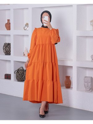Turuncu Büzgülü Poplin Elbise Bisiklet Yaka