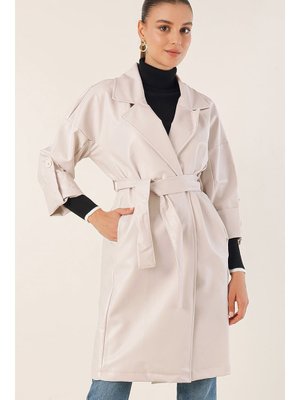 Ekru Kuşaklı Suni Deri Trençkot Ekru Kuşaklı Suni Deri Trençkot