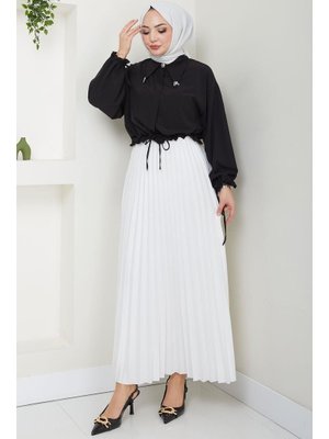 Beyaz Beli Lastikli Deri Görünümlü Sık Piliseli Etek