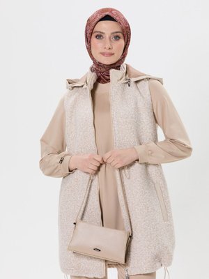 Bej Çıkarılabilir Kapüşonlu Deri Mixli Teddy Yelek