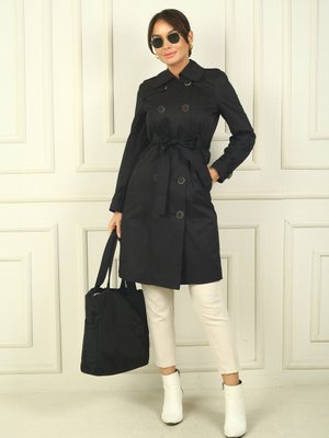 Siyah Önü Düğmeli Beli Kuşaklı Cepli Pardesü