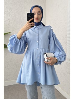 Bebe Mavisi Dantel Detaylı Balon Kol Tunik