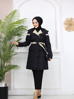 Kruvaze Yaka Çift Renk Kuşak Fleto Cepli Trençkot