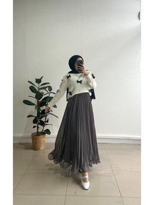 Gri Rue Şifon Etek