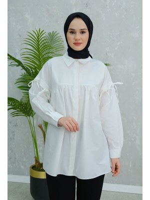 Beyaz Kolu Bağcık Fiyonklu Gömlek