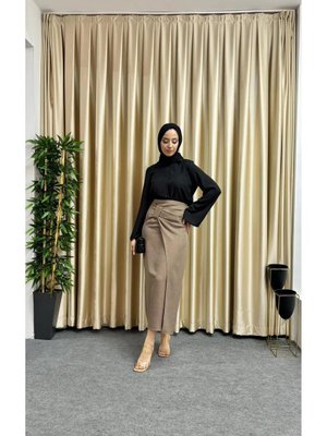 Fiyonk Detaylı Melaj Keten Kumaş Etek Boy: 95cm