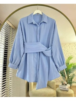 Kendinden Çizgili Beli Kuşaklı Armürlü Tunik