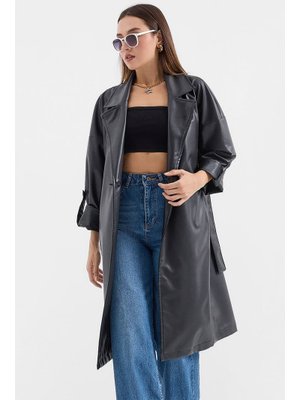 Siyah Kuşaklı Suni Deri Trençkot Siyah Kuşaklı Suni Deri Trençkot