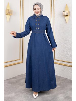 Koyu Mavi Düğme Detaylı Kot Elbise