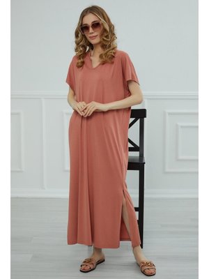 Somon Yırtmaçlı Penye Elbise,elb