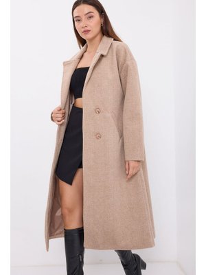 Bisküvi Oversize Geniş Kesim Yünlü Uzun Kaşe Kaban