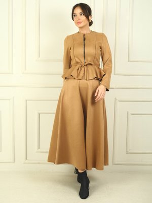 Camel Önü Fermuarlı Beli Oturtmalı Kuşalı Ceket Lastikli Uzun Etek 2'li Süet Takım