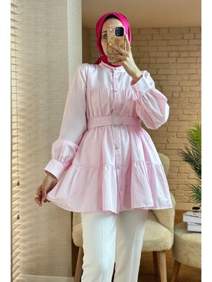 Pembe Kemer Detaylı Kat Kat Tunik