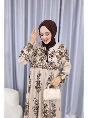 Bej Sulu Desen Elbise