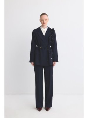 Lacivert Olia Fırfır Detaylı Blazer Ceket Takım
