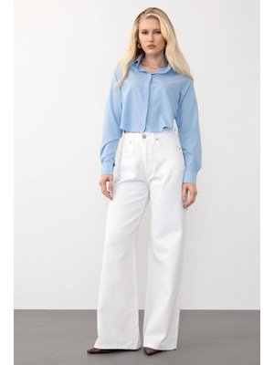 Beyaz Yüksek Bel Geniş Paça Jean Pantolon