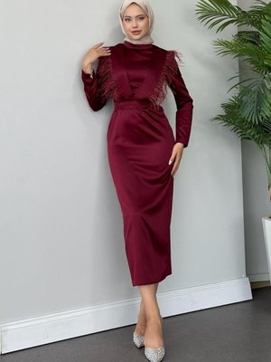 Linen Saten Abiye Elbise Bordo Linen Saten Abiye Elbise Bordo