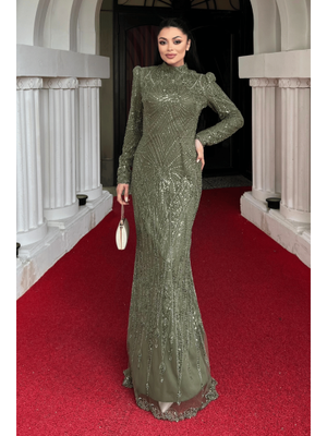 Haki Yeşili Full Boncuk Kumaş Tasarım Abiye Elbise Haki Yeşili Full Boncuk Kumaş Tasarım Abiye Elbise