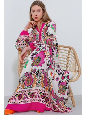 Fuşya Krem Desenli Viskon Elbise A.fuşya Fuşya Krem Desenli Viskon Elbise A.fuşya