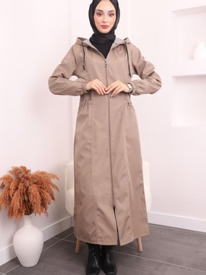 Vizon Kapüşonlu Kol Lastikli Uzun Trençkot Vizon Kapüşonlu Kol Lastikli Uzun Trençkot