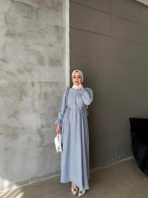 Lacivert Gofre Fırfırlı Elbiise