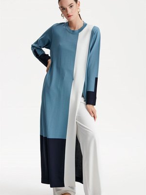 Renkli Rayon Triko Tunik Elbise Mavi