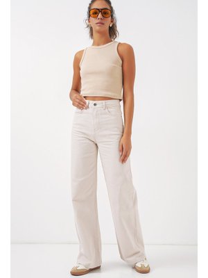 Ekru Geniş Paça Yüksek Bel Kot Pantolon Ekru Geniş Paça Yüksek Bel Kot Pantolon