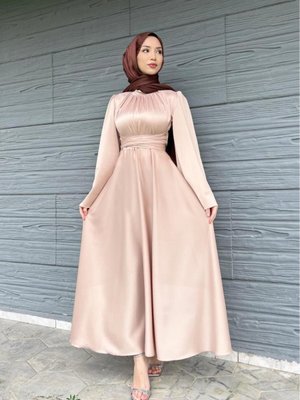 İspanyol Kol Beli Dolamalı Saten Abiye Elbise Krem