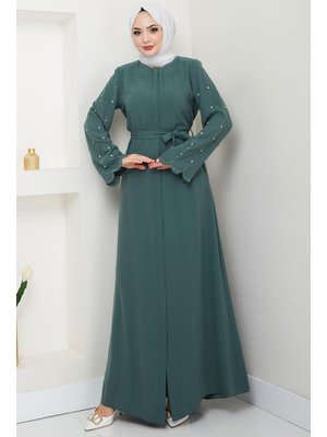 Yeşil Kolu Taşlı Gizli Patlı Ferace Yeşil Kolu Taşlı Gizli Patlı Ferace