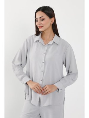 Açık Gri Salaş Ve Şık Rahat Kesim Uzun Kollu Aerobin Gömlek,gm