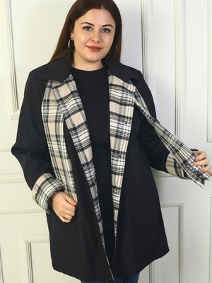 Siyah Önü Gizli Düğmeli Cepli Kruvaze Yaka Trençkot Kaban