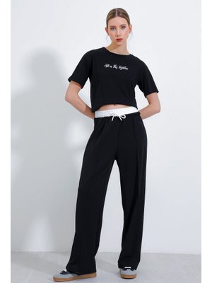 Siyah Bol Paça Çımalı Pantolon Siyah Bol Paça Çımalı Pantolon