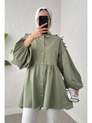 Mint Yeşili Dantel Detaylı Balon Kol Tunik
