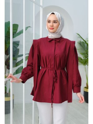 Bordo Pile Detay Önü Gizli Düğmeli Gömlek