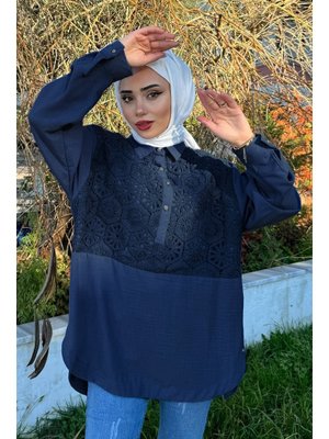 Lacivert Önü Dantel Detaylı Tunik