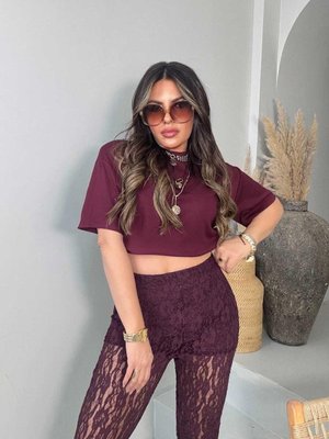 Bordo Dantel İçi Şortlu Pantolon