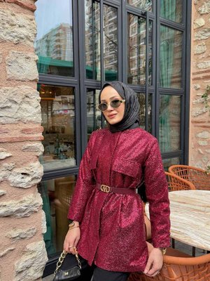 Bordo Kemerli Payetli Ceket