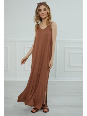 Koyu Kahverengi Askılı Penye Elbise,elb