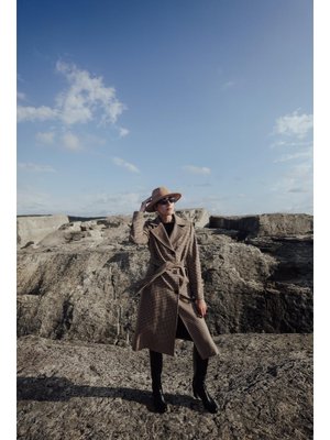 Erkek Yaka Kare Desenli Kaşmir Kaban Kamel