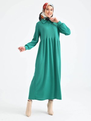 Yeşil Düğmeli Yaka Balon Kol Gömlek Elbise Yeşil Düğmeli Yaka Balon Kol Gömlek Elbise